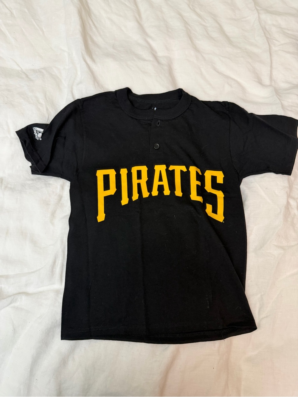 Vintage Henley Black Tee with Yellow PIRATES Graphic